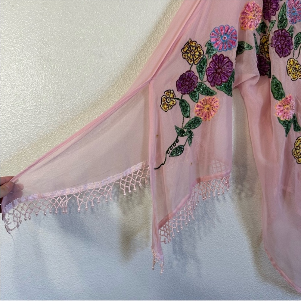Roamans Pink Sheer Floral Beaded Long Sleeve Top - Picture 8 of 16